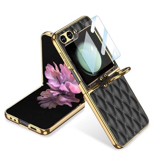 CFPLZFY für Samsung Galaxy Z Flip 6 Leder hülle mit Ring,galvanisierter Rahmen, weiches Leder, sturzsichere Handyhülle, Frontglas Displayschutzfolie (Schwarz, Z Flip6) von CFPLZFY