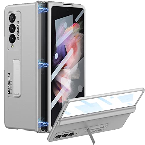 CFPLZFY für Samsung Z Fold 3 5G hülle mit Ständer für Galaxy Z Fold 3 hülle mit Magnetscharnieren, Frontabdeckung mit Schutzfolie aus gehärtetem Glas -Silber von CFPLZFY