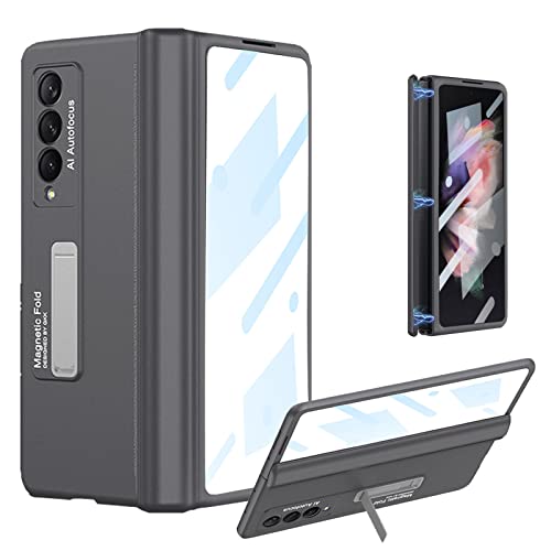 CFPLZFY für Samsung Z Fold3 hülle mit Ständer, mit Magnetscharnieren, Frontabdeckung mit Schutzfolie aus gehärtetem Glas, sturzsichere Hülle für Galaxy Z Fold3 (Grau) von CFPLZFY