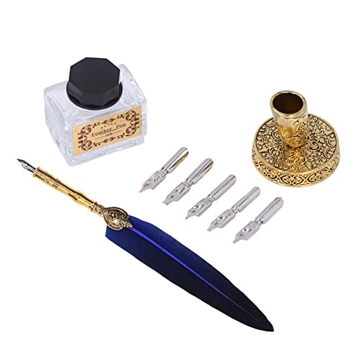 CFTGIW Federstift Exquisit Vintage Elega Färde Stahl Glatt Schreiben Schreibkaller Penblack Wea Quill Penblack Feder Penquill Pendip Penquill und Tinten -Setfeder -Stift und Tinten Setpen Set (BLUE) von CFTGIW