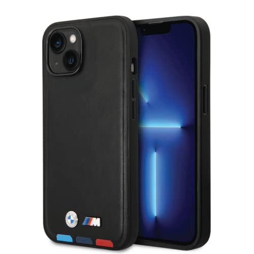 BMW Handyhülle für iPhone 14 Plus in Schwarz mit dreifarbigen Bodenlinien, PU Leder M Collection, Glatte Schutzhülle mit einfachem Snap-on, Stoßdämpfung & Signatur-Logo von CG MOBILE