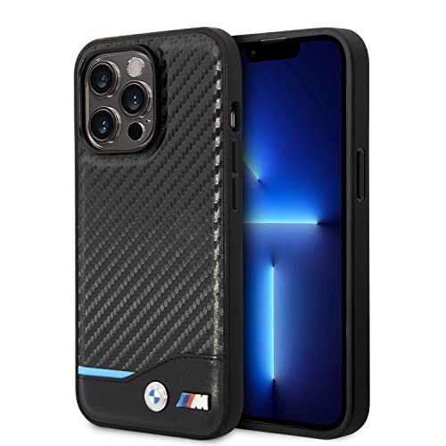 CG MOBILE BMW-Handyhülle für iPhone 14 Pro in Schwarz mit horizontaler blauer Linie, PU-Kohlefaser-Schutzhülle und strapazierfähiger Hülle mit einfachem Schnappverschluss, Stoßdämpfung und von CG MOBILE