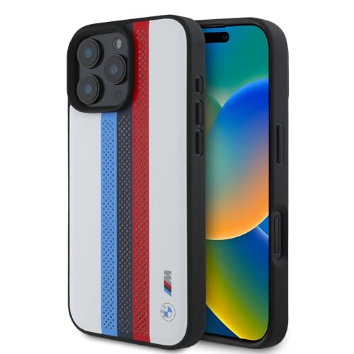 CG Mobile BMW HC M Handyhülle entworfen für iPhone 16 Pro Max, langlebig, stoßfest, kompatibel mit Magsafe, PU perforiert dreifarbig Bedruckte Streifen Hülle weiß CG Mobile BMW HC M Handyhülle entworfen für iPhone 16 Pro Max, langlebig, stoßfest, kompatibel mit Magsafe, PU perforiert dreifarbig Bedruckte Streifen Hülle weiß von CG MOBILE