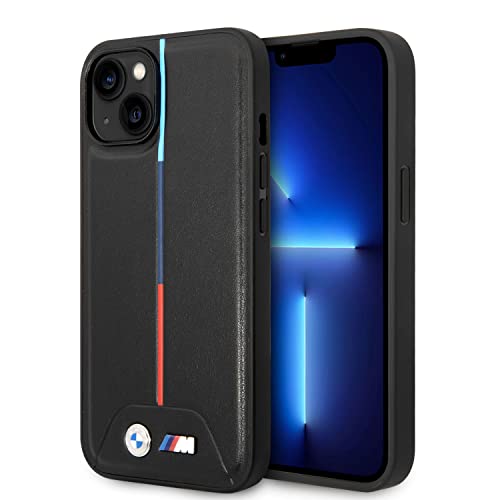 CG Mobile BMW Handyhülle kompatibel mit iPhone 38.1 cm Schwarz gesteppt mit mittleren Tricolor Linien, PU Leder M Kollektion, Glatte Schutzhülle mit einfachem Snap-on, Stoßdämpfung & Signatur-Logo von CG MOBILE