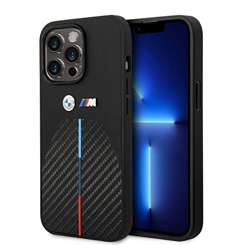 CG MOBILE BMW Schutzhülle für iPhone 14 Pro in Schwarz gesteppt, mittlere dreifarbig, PU-Kohlefaser, schützende und langlebige Hülle mit einfachem Snap-on, Stoßdämpfung und charakteristischem Logo von CG MOBILE