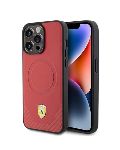 CG MOBILE Ferrari-Handyhülle, kompatibel mit Magsafe iPhone 15 Pro Max, rote PU-Unterseite, PU-Kohlefaser-Schutzhülle und langlebige Hülle mit einfachem Schnappverschluss, Stoßdämpfung und von CG MOBILE