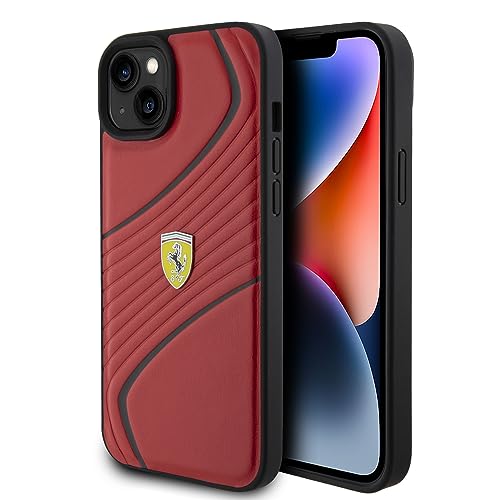 CG MOBILE Ferrari Handyhülle Kompatibel mit iPhone 15 Plus in Rot Geprägte Twisted Lines PU Leder Anti-Scratch Smooth Schutzhülle mit Easy Snap-on, Stoßdämpfung & Signature Logo von CG MOBILE