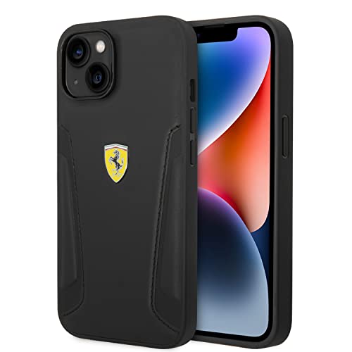 CG MOBILE Ferrari Handyhülle für iPhone 14 Zoll Schwarz mit heißgeprägten Seiten, schützende Echtleder, langlebige & Kratzfeste Hülle mit einfachem Snap-on, Stoßdämpfung & Signatur-Logo von CG MOBILE