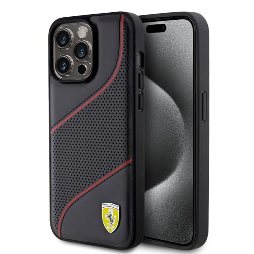CG MOBILE Ferrari Kompatibel mit iPhone 15 Pro Max Hülle in Schwarz schräge Perforation PU Leder Anti-Kratzer Glatte Schutzhülle mit Easy Snap-on, Stoßdämpfung & Signature Logo, (FEHCP15XPWAK) von CG MOBILE