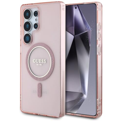 CG MOBILE Guess Glitter Circle Classic Logo, kompatibel mit MagSafe Hülle für Samsung Galaxy S25 Ultra (Pink) von CG MOBILE