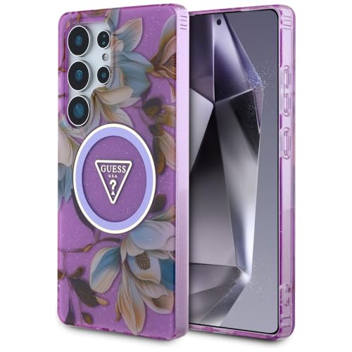 CG MOBILE Guess Glitter Flowers Triangle Buttons, kompatibel mit MagSafe Hülle für Samsung Galaxy S25 Ultra (Lila) von CG MOBILE