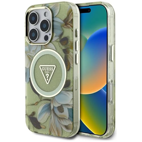 CG MOBILE Guess Glitter Flowers Triangle Buttons Hülle für iPhone 16 Pro kompatibel mit MagSafe (Grün) von CG MOBILE