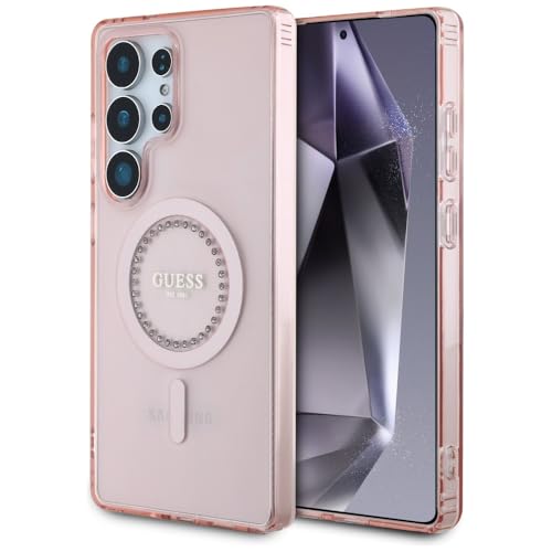 CG MOBILE Guess Strasssteine ​​Gedrucktes Klassisches Logo, kompatibel mit MagSafe Hülle für Samsung Galaxy S25 Ultra (Pink) von CG MOBILE