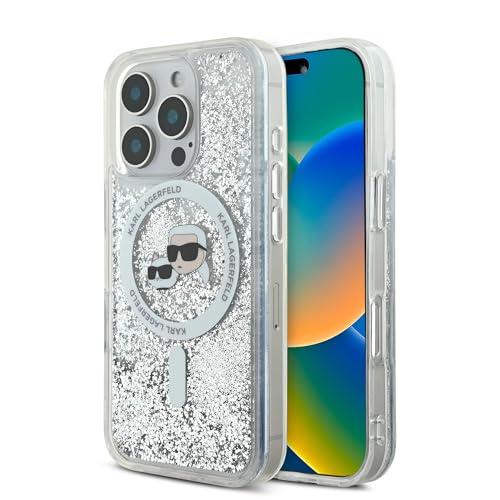 CG MOBILE Karl Lagerfeld Magsafe Liquid Glitter Hard Case mit Karl & Choupette Kopf für iPhone 16 Pro, Fallschutz, Stoßdämpfung, Präzisionsausschnitte, Sparkling Glitter Design - Transparent von CG MOBILE