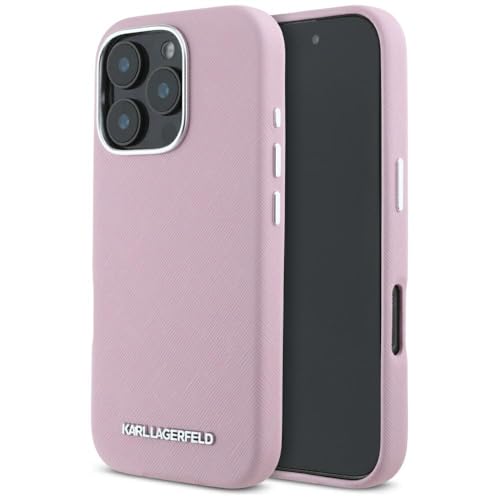 CG MOBILE Karl Lagerfeld Saffiano Full Wrapped Elongated Metal Logo Hülle für iPhone 16 Pro Max kompatibel mit MagSafe (Rosa) von CG MOBILE