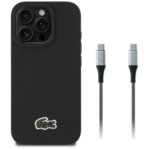 CG MOBILE Lacoste 2in1 Hülle + USB-C-Kabel Iconic Petit Pique Woven kompatibel mit MagSafe für iPhone 16 Pro (Schwarz) von CG MOBILE