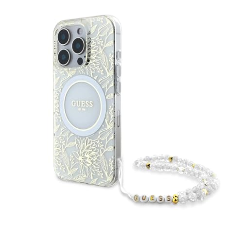 CG Mobile Guess GUHMP16LHCPOFPH Hülle für iPhone 16 Pro 6.3" Weiß hardcase IML Flowers Allover Electro with Pearl Strap von CG MOBILE