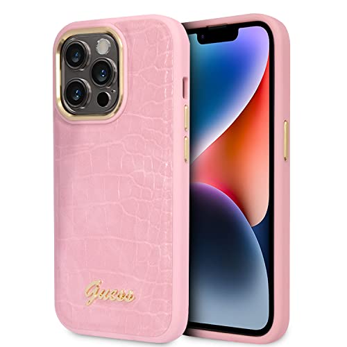 Guess Schutzhülle für iPhone 14 Pro Max in Rosa Kroko-Muster, PU-Leder Schutzhülle & Anti-Kratzer Case mit Zugänglichen Anschlüssen, Stoßdämpfung & Signature Logo von CG MOBILE