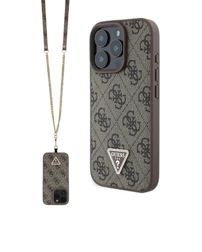 Guess Schutzhülle für iPhone 16 Pro, offizielles Lizenzprodukt von CG Mobile | PU-Lederhülle mit Metalllogo und Strasssteinen | Crossbody-Gurt Schutzhülle für iPhone 16 Pro (6,3 Zoll) (2024) – Braun von CG MOBILE