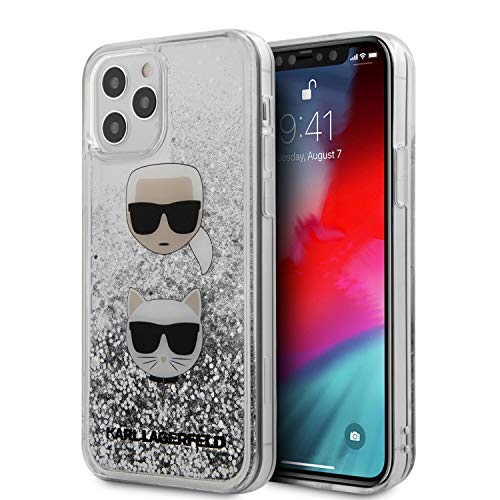 KARL LAGERFELD Handyhülle für iPhone 12 Pro Hard Case PC/TPU Liquid Glitter mit Karl & Choupette Heads Silber Easy Snap On Drop Protection Case Offiziell lizenziert von CG MOBILE