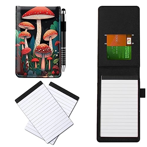 CGFGHHUY Kleine Notizbuchhülle aus PU-Leder, Metall-Kugelschreiber und 2 Stück, 7,6 x 12,7 cm, Notizblöcke, Nachfüllpackungen, Pilzmuster, Notizbücher für Meetings, tägliche Aufzeichnungen, Notizen von CGFGHHUY
