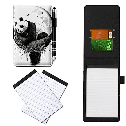 CGFGHHUY Notizbuchhülle aus PU-Leder, klein, Metall-Kugelschreiber und 2 Stück, 7,6 x 12,7 cm, niedliches Panda-Mond-Muster, Notizbücher für Meetings, tägliche Aufzeichnungen, Notizen von CGFGHHUY