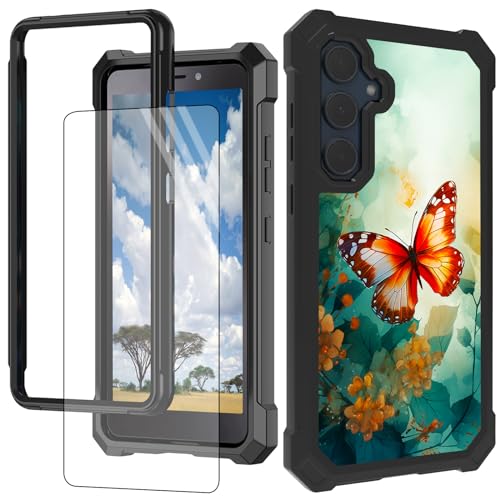 CGFGHHUY Schutzhülle für Samsung A35 5G, mit Displayschutzfolie, Hart-PC und weichem TPU, stoßfeste Schutzhülle für Samsung Galaxy A35 5G 16,8 cm (6,6 Zoll) 2024, Aquarell, Schmetterlinge und Blätter von CGFGHHUY