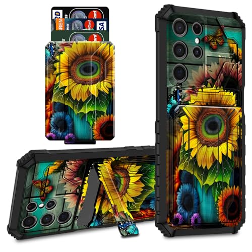 CGFGHHUY Schutzhülle für Samsung Galaxy S25 Ultra 17,3 cm (6,8 Zoll) 2025, Brieftaschenformat, mit Kreditkartenfach und Ständer, zweilagig, hartes Polycarbonat, weiches TPU, Sonnenblumen-Schmetterling von CGFGHHUY