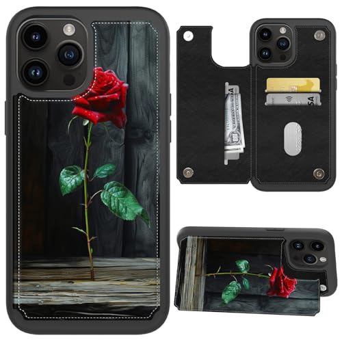 CGFGHHUY Schutzhülle für iPhone 14 Promax mit Kartenfächern und Ständer, PU-Leder, weiche TPU-Schutzhülle für iPhone 14 Pro Max 6,7 Zoll 2022, rote Rose auf Holz von CGFGHHUY