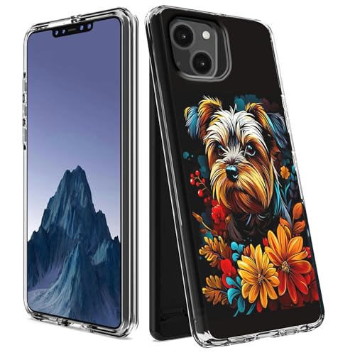 CGFGHHUY Schutzhülle für iPhone 15 / 14 2022 / 2023 (15,5 cm), transparent, zweilagig, transparent, weiches TPU + hartes Polycarbonat, stoßfest, bunte Sonnenblumen und Hund von CGFGHHUY