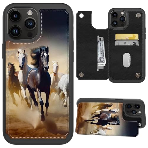 CGFGHHUY Schutzhülle für iPhone 15 Pro, Brieftaschen-Schutzhülle mit Kartenfächern und Ständer, PU-Leder, weiche TPU-Schutzhülle für iPhone 15 Pro 6,1 Zoll 2023 – Laufende Pferde von CGFGHHUY