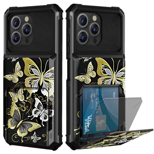 CGFGHHUY Schutzhülle für iPhone 15 Pro Max, Brieftasche, Kartenschlitz, versteckte Klapptür, goldenes Schmetterlingsmuster, zweilagig, hartes Polycarbonat und weiches TPU, stoßfeste Schutzhülle für von CGFGHHUY