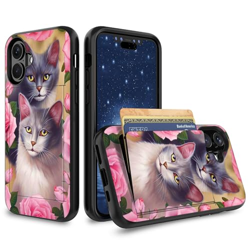 CGFGHHUY Schutzhülle für iPhone 16, 15,5 cm (6,1 Zoll) 2024, Hybrid-Schutzhülle mit Kartenhalter, Hybrid-Hülle, zweilagig, weiches Silikon, Hartplastik, versteckter Ausweis, Kreditkarte, Flip-Cover von CGFGHHUY
