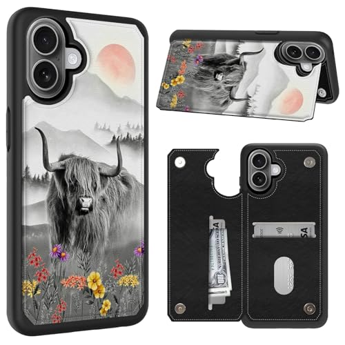 CGFGHHUY Schutzhülle für iPhone 16, Brieftaschen-Schutzhülle mit Kartenfächern und Ständer, PU-Leder, weiche TPU-Schutzhülle für iPhone 16, 15,5 cm (6,1 Zoll) 2024, Kuhblumen von CGFGHHUY