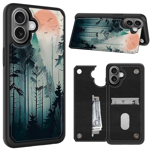 CGFGHHUY Schutzhülle für iPhone 16, Brieftaschen-Schutzhülle mit Kartenfächern und Ständer, PU-Leder, weiche TPU-Schutzhülle für iPhone 16, 15,5 cm (6,1 Zoll) 2024, Waldbaum von CGFGHHUY