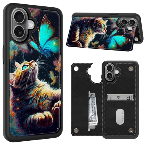 CGFGHHUY Schutzhülle für iPhone 16, Brieftaschen-Schutzhülle mit Kartenfächern und Ständer, PU-Leder, weiche TPU-Schutzhülle für iPhone 16 15,5 cm (6,1 Zoll) 2024 – Galaxie-Katze und Schmetterling von CGFGHHUY