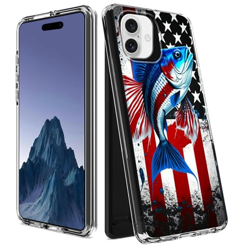 CGFGHHUY Schutzhülle für iPhone 16, transparent, zweilagig, transparent, weiches TPU + hartes Polycarbonat, stoßfest, Schutzhülle für iPhone 16 15,5 cm (6,1 Zoll) 2024 – Amerikanische Flagge und Fisch von CGFGHHUY