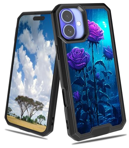 CGFGHHUY Schutzhülle für iPhone 16 Plus, 2-in-1, zweilagig, hartes Polycarbonat, weiches TPU, stoßfest, Fallschutzhülle, für iPhone 16 Plus 17 cm (6,7 Zoll) 2024 – Lila Rosen im Regen von CGFGHHUY