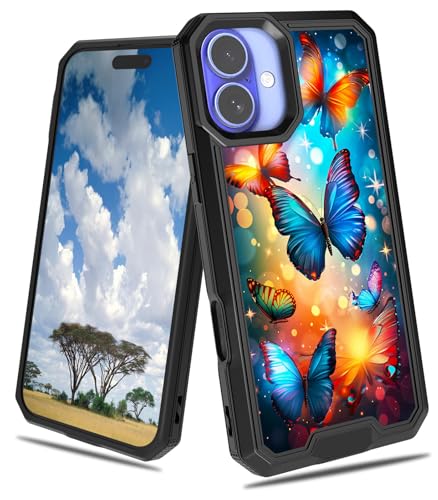 CGFGHHUY Schutzhülle für iPhone 16 Plus, 2-in-1, zweilagig, hartes Polycarbonat, weiches TPU, stoßfest, Fallschutzhülle, für iPhone 16 Plus 6,7 Zoll 2024, Glitzer und Schmetterling von CGFGHHUY