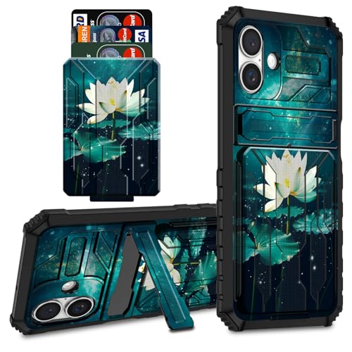 CGFGHHUY Schutzhülle für iPhone 16 mit Kreditkartenfach und Ständer, zweilagig, harter Polycarbonat, weiche TPU-Schutzhülle für iPhone 16, 15,5 cm (6,1 Zoll) 2024, Lotusblume und Lotusblatt von CGFGHHUY