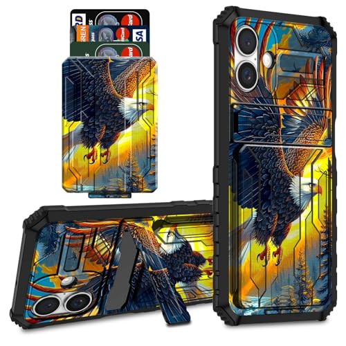 CGFGHHUY Schutzhülle für iPhone 16 mit Kreditkartenfach und Ständer, zweilagig, harter Polycarbonat, weiche TPU-Schutzhülle für iPhone 16, 15,5 cm (6,1 Zoll) 2024 – Adler und der Wald von CGFGHHUY