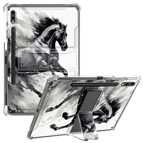 CGFGHHUY Transparente Schutzhülle für Samsung Galaxy Tab S9 Plus 12,5 Zoll 2023, schlank, leicht, Ständer, Schutzhülle, transparent, TPU, mit Stifthalter, Laufendes schwarzes Pferd von CGFGHHUY