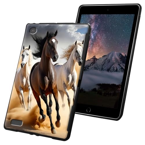 Schutzhülle für Fire 7 Tablet 9. / 7. Generation 17,8 cm (7 Zoll), Version 2019/2017, schlank, leicht, weiches TPU-Silikon, rutschfest, stoßfest, schwarz, Motiv: niedliche Pferde von CGFGHHUY