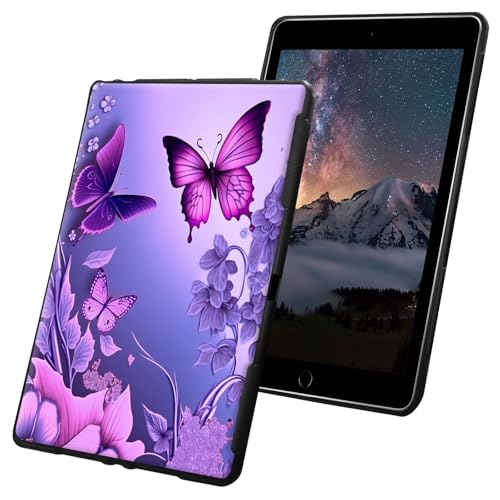 Schutzhülle für Kindle 10. Generation 15,2 cm (6 Zoll), Version 2019, dünn, leicht, weiches TPU-Silikon, rutschfest, stoßfest, schwarze Tablet-Hülle, rosa Blumen, violette Schmetterlinge von CGFGHHUY