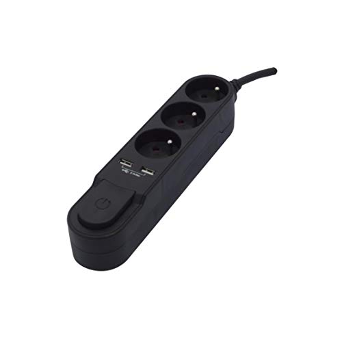 CHACON Bloc Design mit Inter. 3 x 16 A + 2 x USB – 3 m – Schwarz – Steckdosenleiste (70 mm, 210 mm, 65 mm, 300 g, 3 m, Schwarz) von CHACON