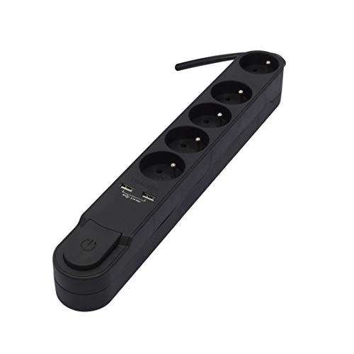 CHACON Bloc Design mit Inter. 5 x 16 A + 2 x USB – 3 m – Schwarz – Steckdosenleiste (100 mm, 430 mm, 60 mm, 300 g, 3 m, Schwarz) von CHACON