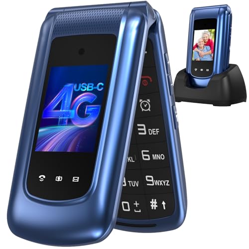4G Klapphandy Seniorenhandy mit Großen Tasten Handy, Dual-SIM Flip Mobiltelefon mit Ladestation | SOS Notruffunktion | Kurzwahl | Taschenlampe | FM-Radio | 2,4+1.77 Zoll Dual Farbdisplay | Blau von CHAKEYAKE