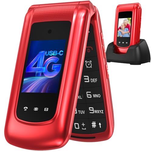 4G Klapphandy Seniorenhandy mit Großen Tasten Handy, Dual-SIM Flip Mobiltelefon mit Ladestation | SOS Notruffunktion | Kurzwahl | Taschenlampe | FM-Radio | 2,4+1.77 Zoll Dual Farbdisplay | Rot von CHAKEYAKE