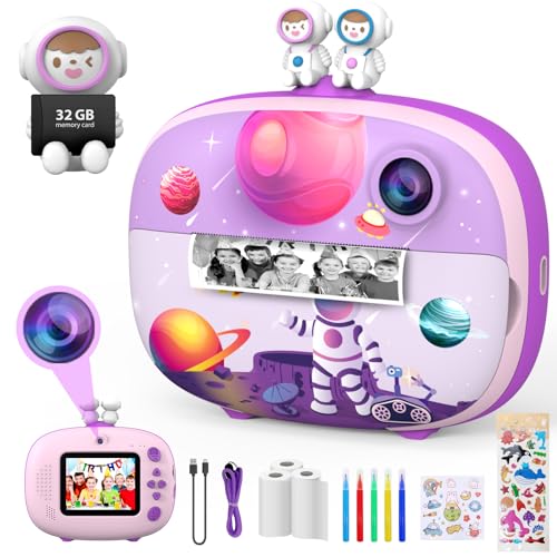 CHAKEYAKE Kinder Kamera,Kinderkamera Selfie,1080P 2.4" Bildschirm Sofortbildkamera Kinder,Digitalkamera Fotoapparat Kinder con 32G SD Karte,3 Rollen Druckerpapier,2 Cartoon-Aufkleber 5 Farbstifte Lila von CHAKEYAKE