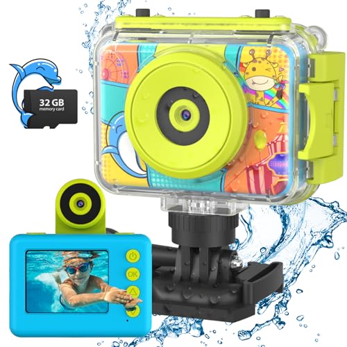 CHAKEYAKE Kinderkamera, 1080P HD Digitalkamera Kinder, Fotoapparat Wasserdicht Kamera Kinder für Outdoor,Action Kamera mit 2,0” Bildschirm,32GB SD-Karte,Kamera Spielzeug Geschenk für Kinder 3-12 Jahre von CHAKEYAKE